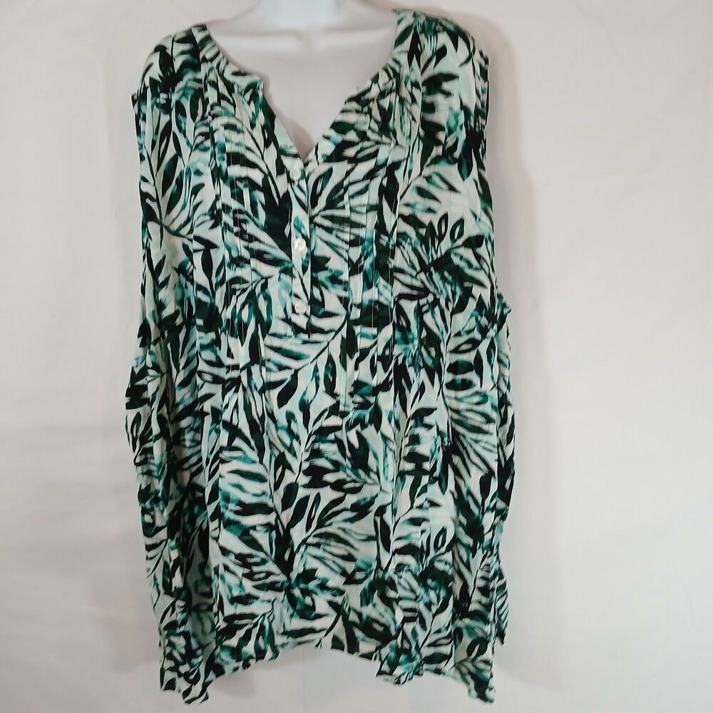 Catherines Top Green  Sleeveless Button Up Leaf Patterns Sz 5X Casual Summer...